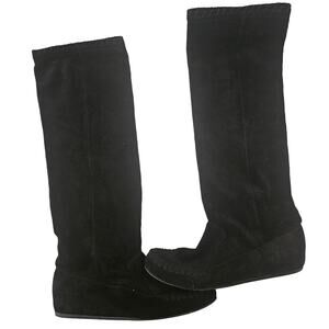 LANVIN Black Leather Knee High Moccasin Boot sz 40.5 Retro Boho Minimalist